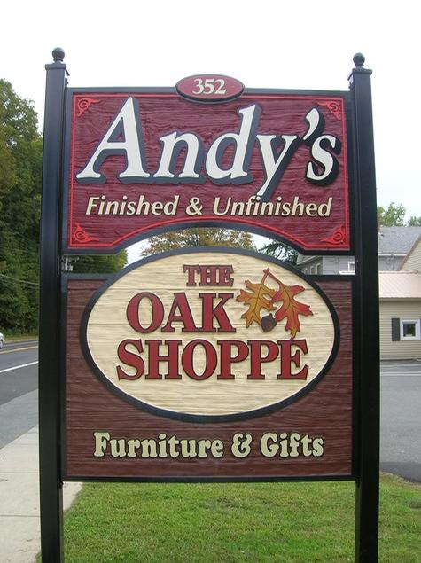 Andy’s and The Oak Shoppe — sandblasted dimensional sign by Hale Custom Signs