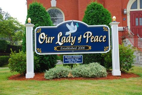 Our Lady of Peace-Mahogany Wood panel 8ft — post and panel sign by Hale Custom Signs
