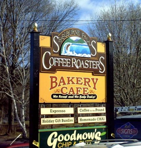Shelburne Falls Coffee Roasters - Painted mural — hand-carved dimensional sign by Hale Custom Signs