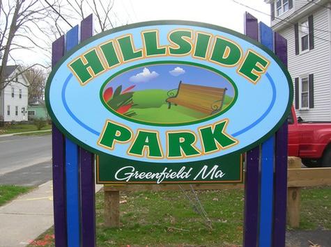 Greenfield’s Hillside Park= custom shaped panel with special wood posts system — post and panel sign by Hale Custom Signs