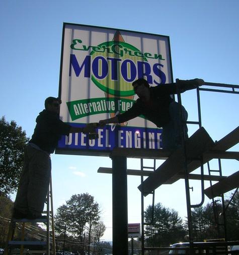 Evergreen Motors — sign being fabricated on the bench by Hale Custom Signs