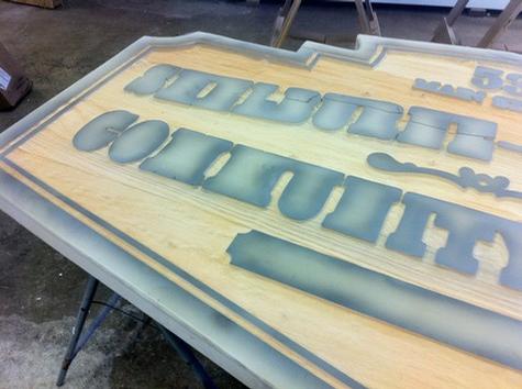 Sandblasted Sign — sign being fabricated on the bench by Hale Custom Signs