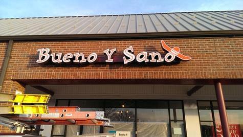 Channel lettering LED- Bueno Y Sano W. Springfield MA - Fabricated channel lettering internally lit using LED lighting — dimensional letter sign by Hale Custom Signs