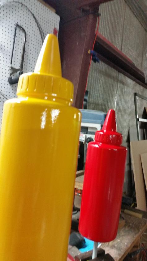 Custom Ketchup and Mustard bottle post tops — specialty custom sign by Hale Custom Signs