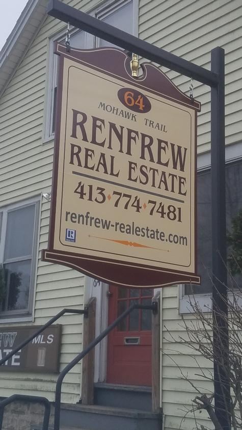 Renfrew Real Estate PVC panel shaped and gold accents — post and panel sign by Hale Custom Signs