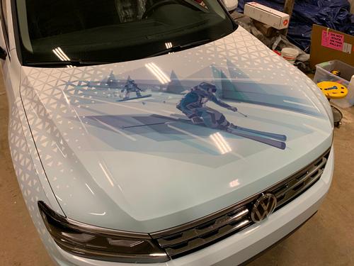 Mount Snow Tiguan Hood wrap — vehicle graphics installation by Hale Custom Signs